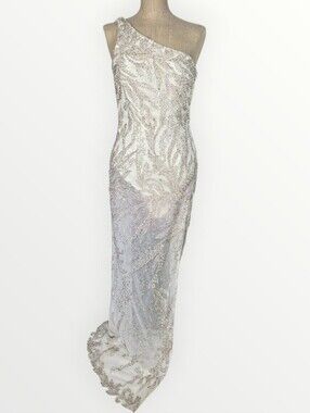 Viero Bridal Beaded Side Slit One Shoulder Sheer Wedding Gown Dress Sz 6